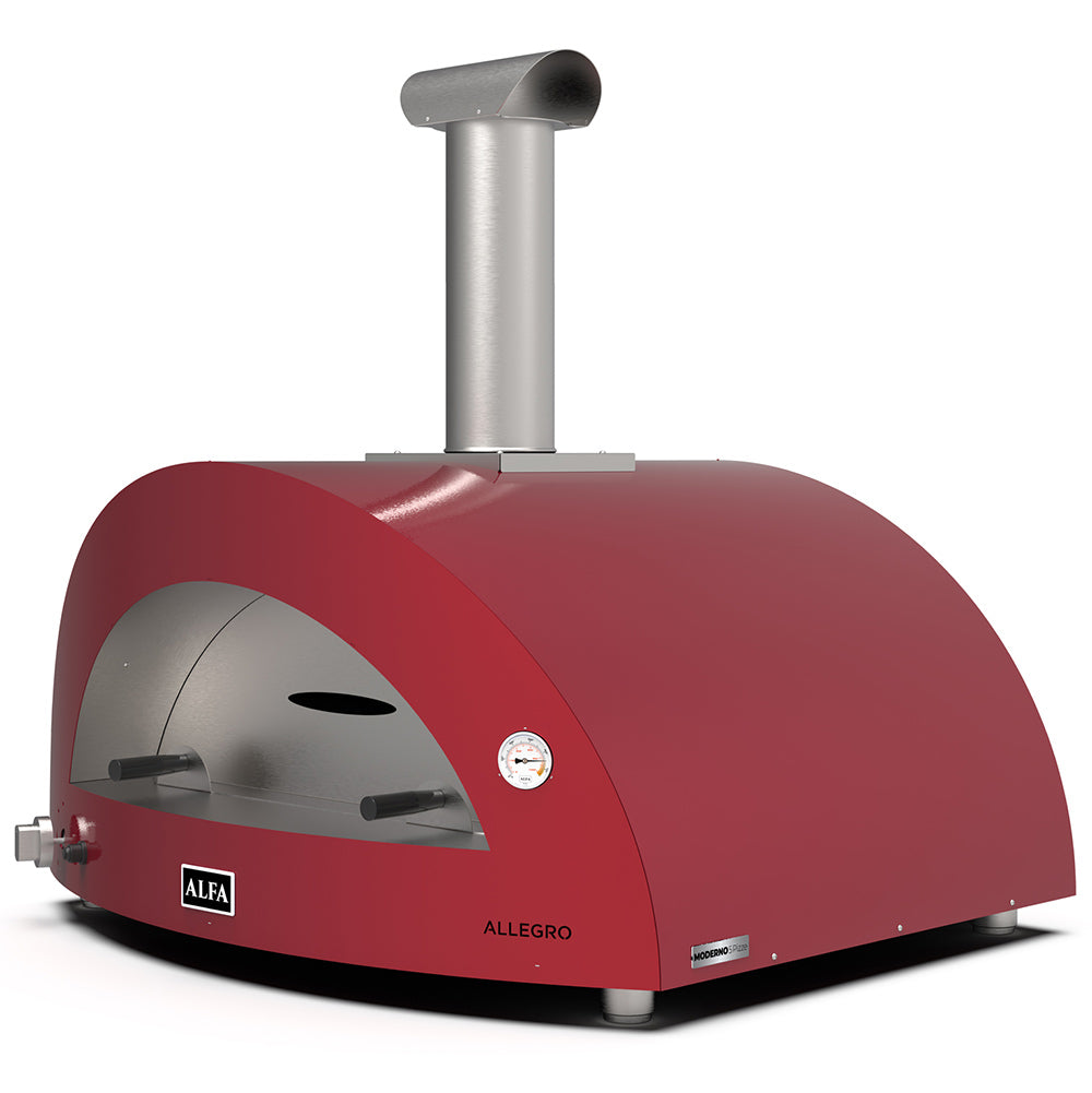 Red countertop gas pizza oven viewed from the side with stainless chimney