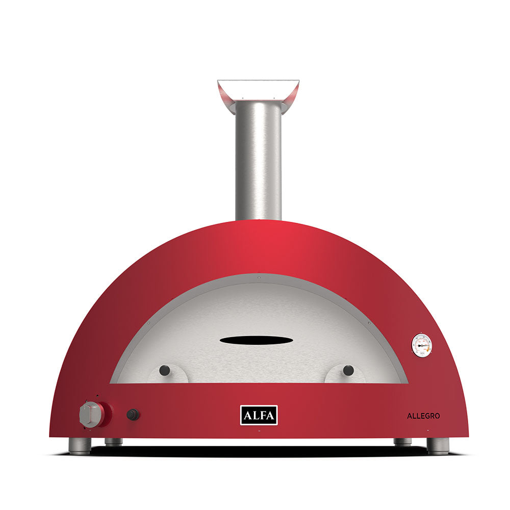 Ruby red countertop gas pizza oven with stainless chimney and front control panel