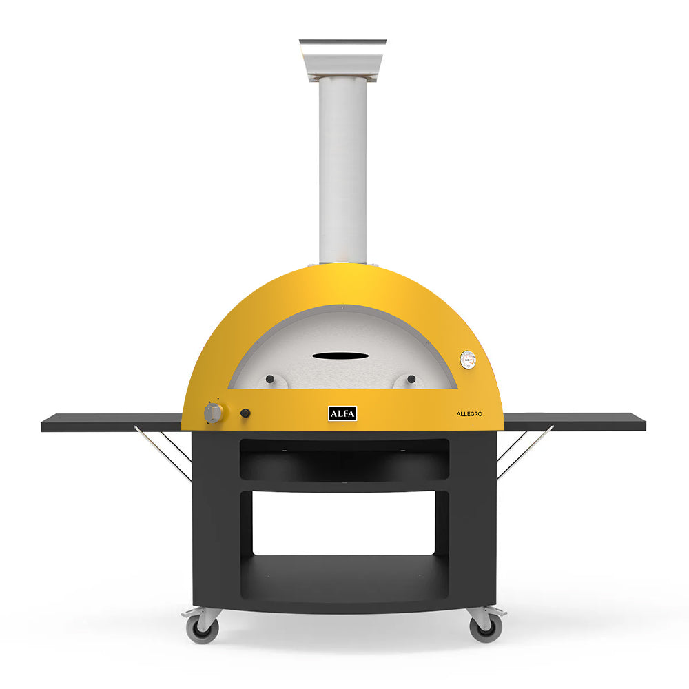 Freestanding gas pizza oven with yellow dome, black base, and vertical chimney