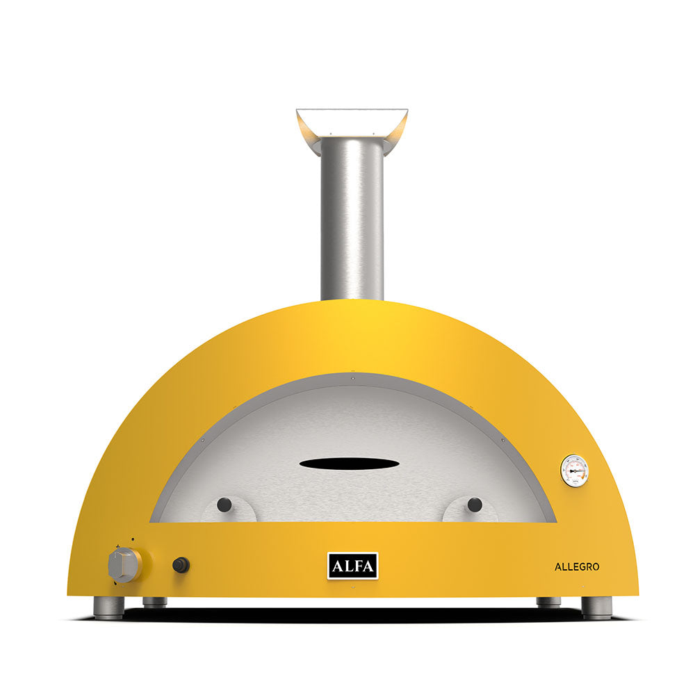 Countertop gas pizza oven with yellow dome and stainless chimney, front control panel visible.