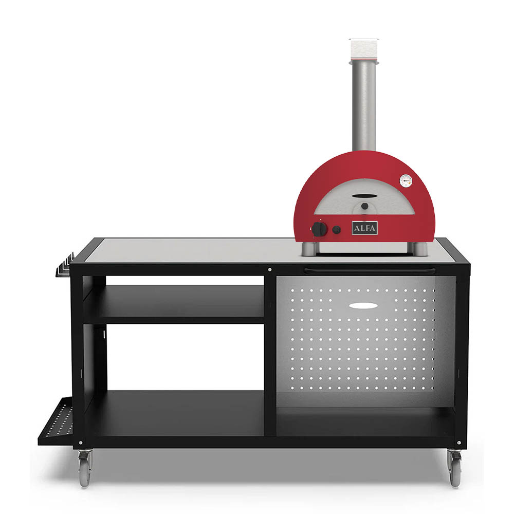 Portable gas pizza oven with red dome, black base, side vent, and wheeled stand