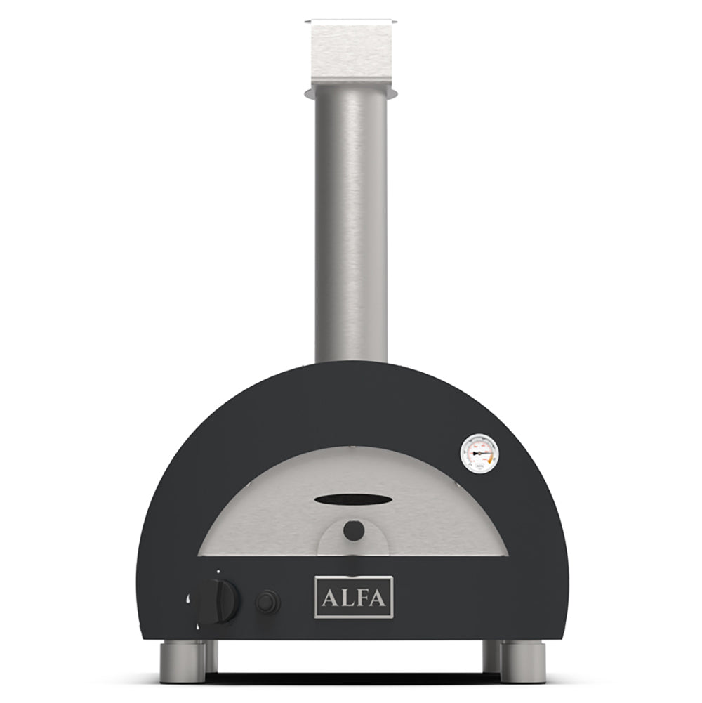 Portable gas pizza oven with dark dome, gray firebox opening, and tall chimney