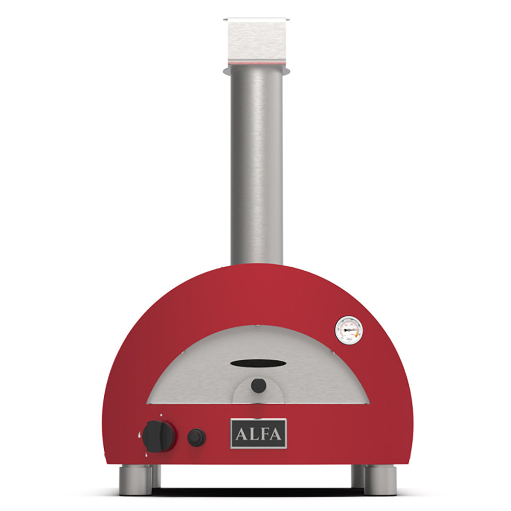 Portable gas pizza oven with red dome, gray firebox opening, and tall chimney