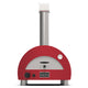 Portable gas pizza oven with red dome, gray firebox opening, and tall chimney