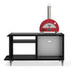 Portable gas pizza oven with red dome, front control panel, and metal cart base