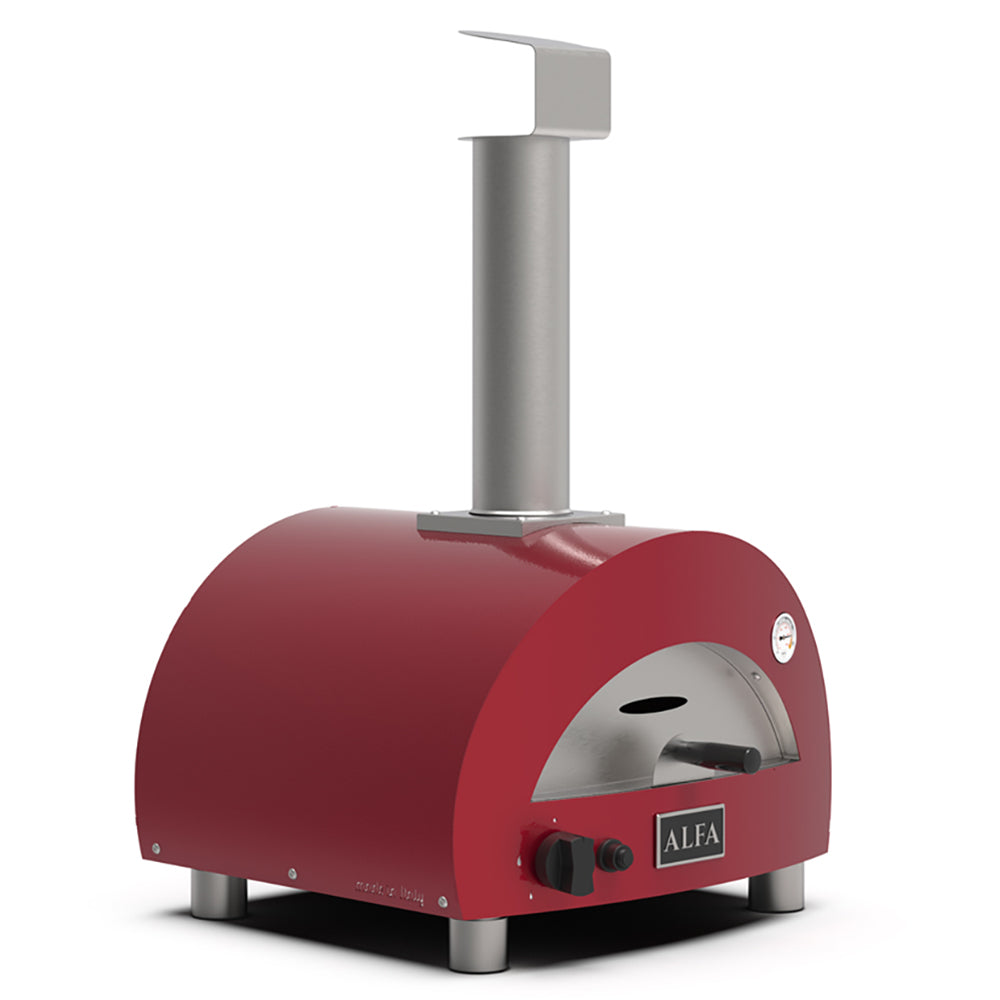 Portable gas pizza oven with red body, arched oven door window, and side control knobs