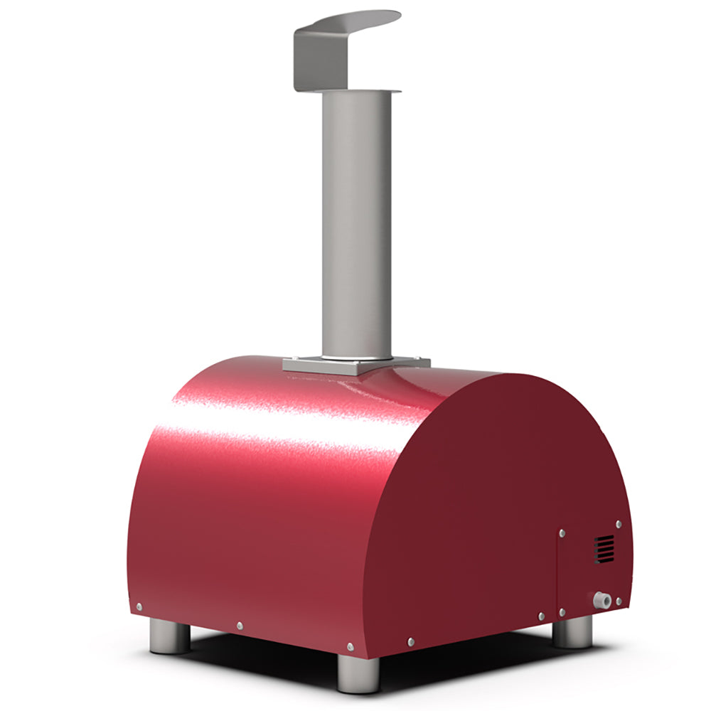 Portable gas pizza oven with red body and tall chimney, shown in angled side view