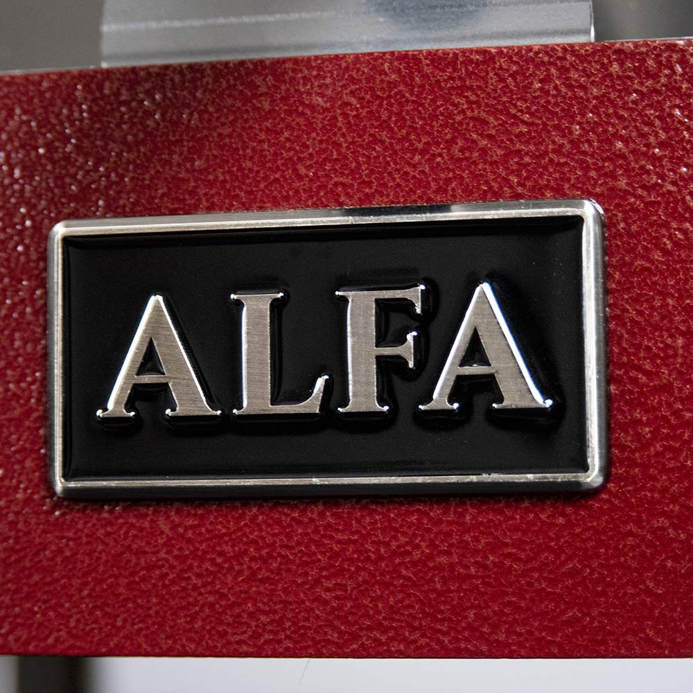 ALFA logo plate on red portable gas pizza oven front panel
