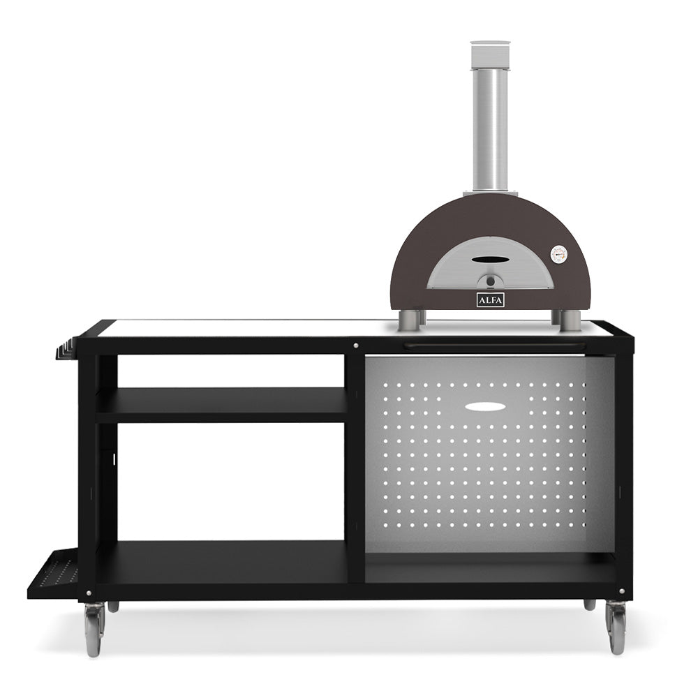 Wood-fired pizza oven with chimney, arched chamber, and perforated cooking station base