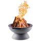 Wood-burning fire pit with dark gray bowl and burning logs, round pedestal base