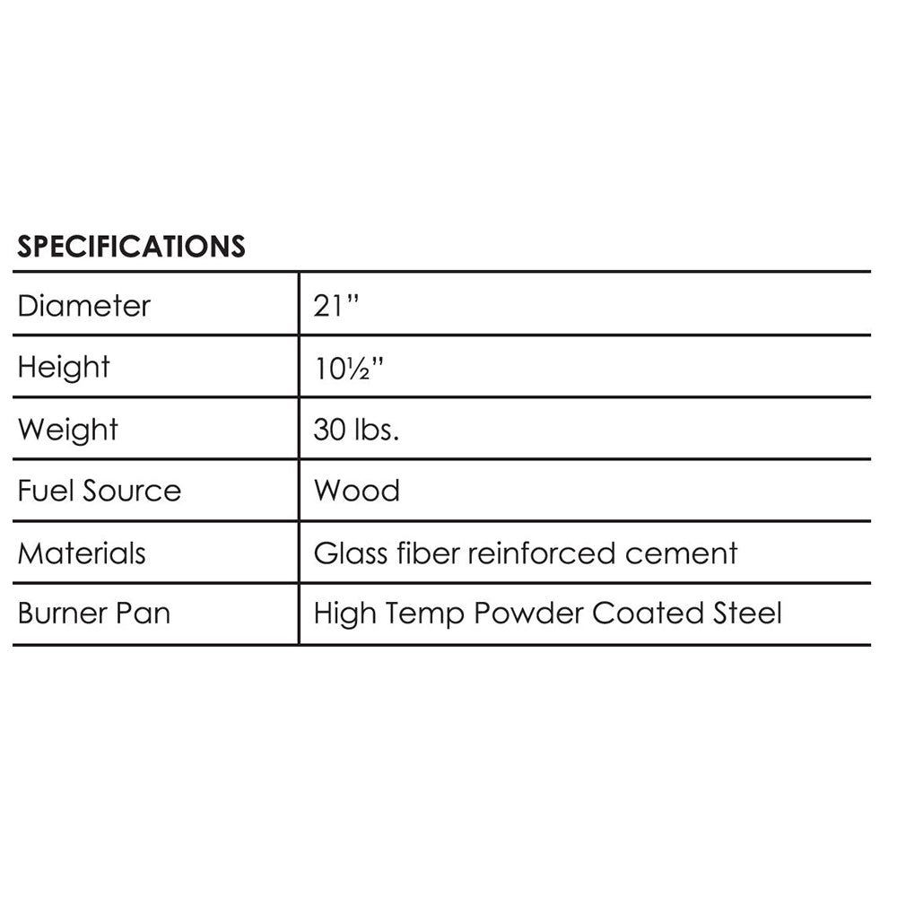 Fire pit specifications table: 21-inch diameter, 10.5-inch height, wood fuel