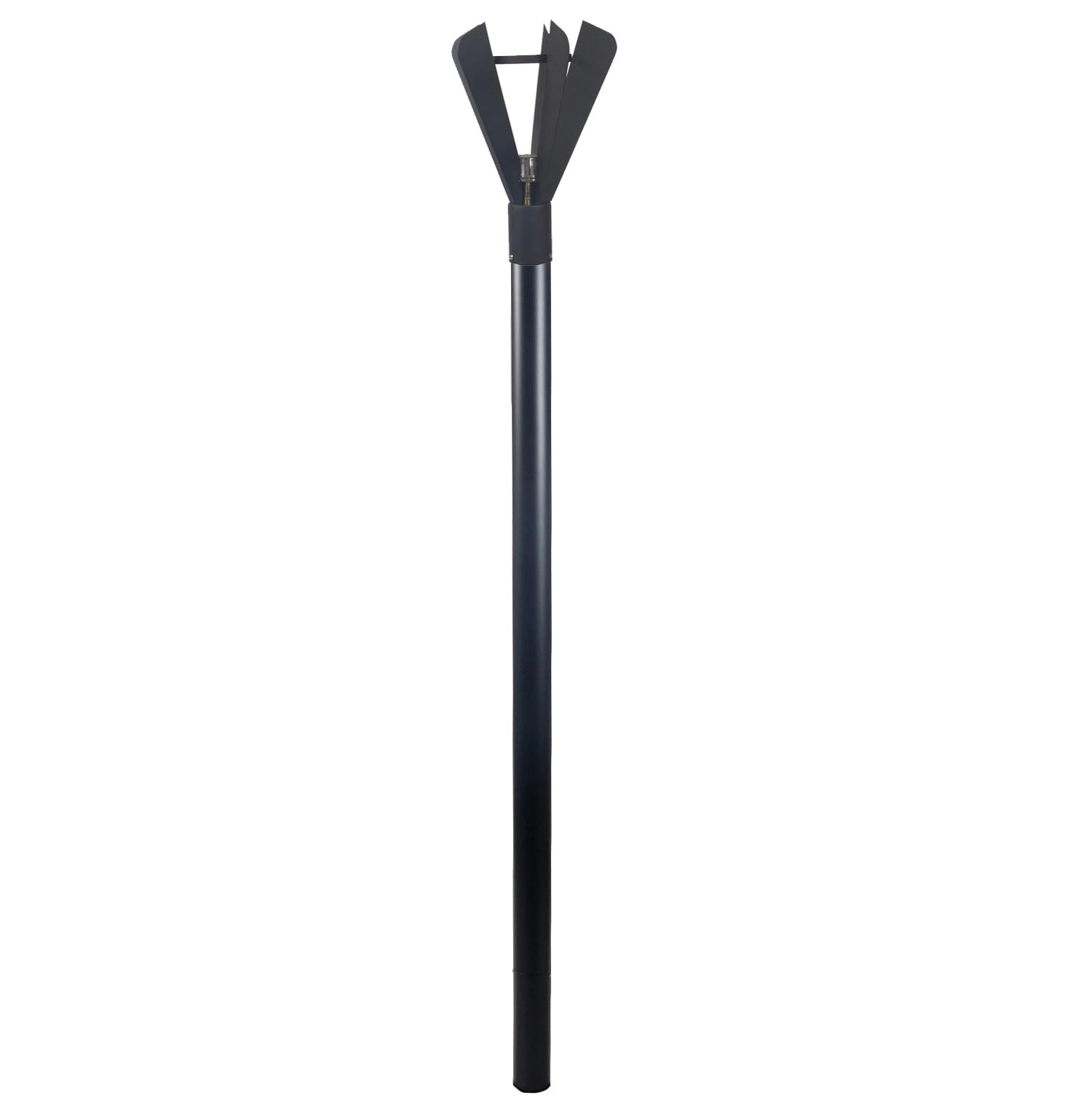 Black gas torch head with fin-style flame nozzles on a tall pole