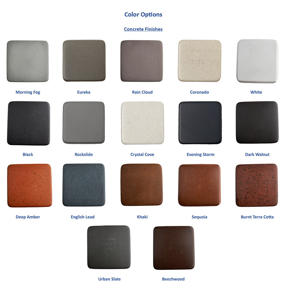 Concrete finish color swatches for outdoor fire table in multiple grays, black, and beige