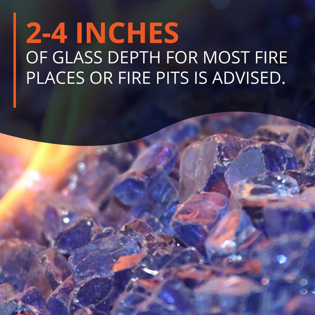 Blue and amber-tinted decorative fire glass chunks, crushed