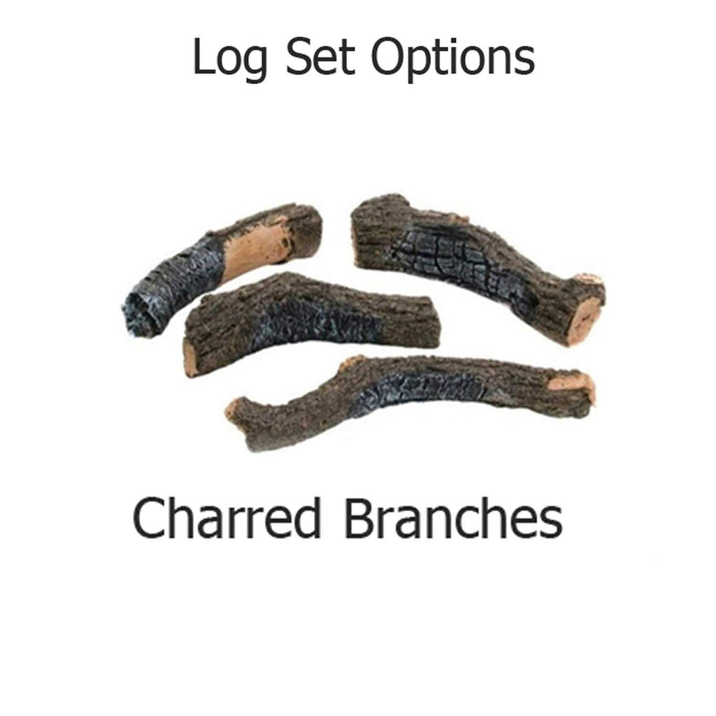 Fire table log set options featuring charred branches and log set pieces