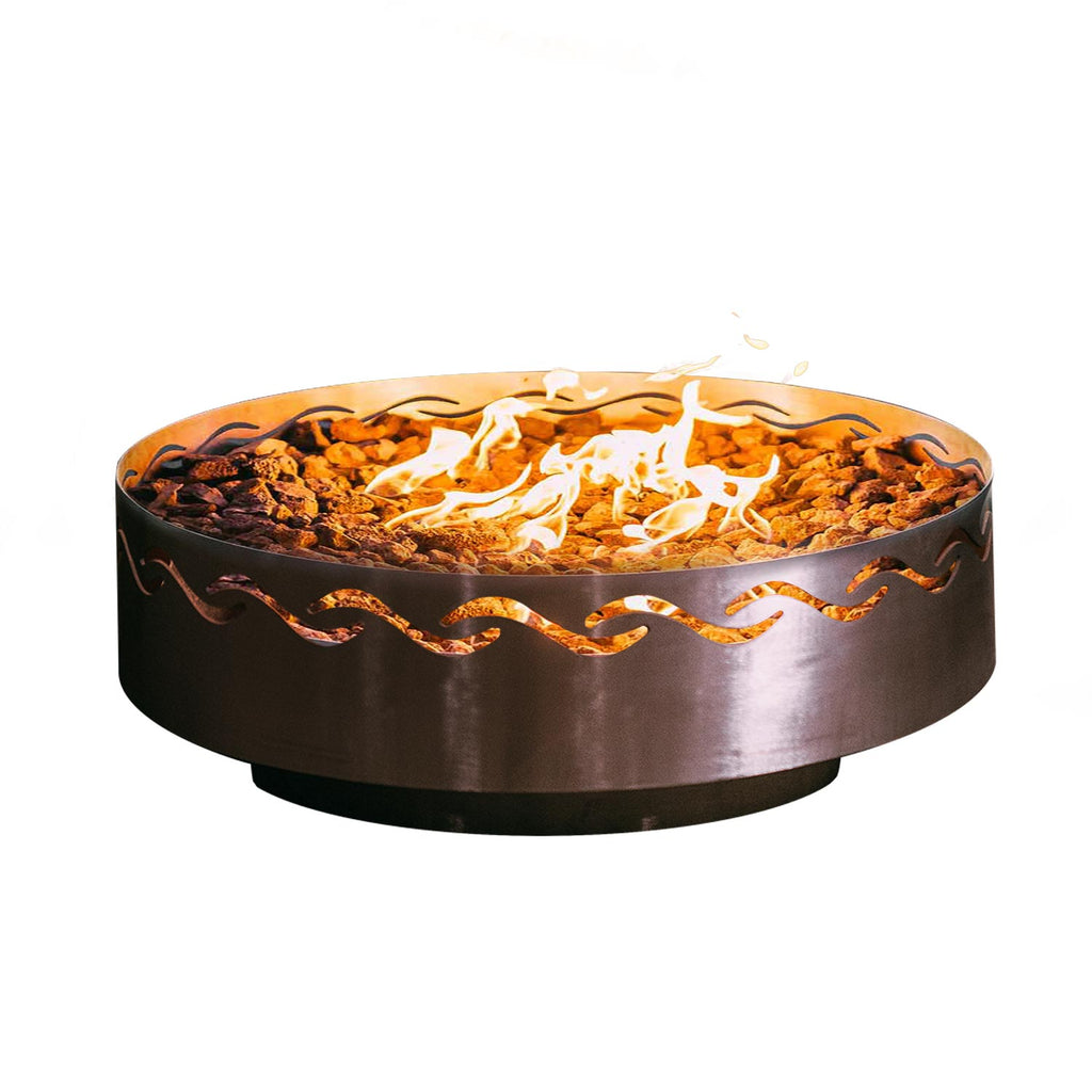 Round gas fire pit with orange flames and black metal scrollwork bowl