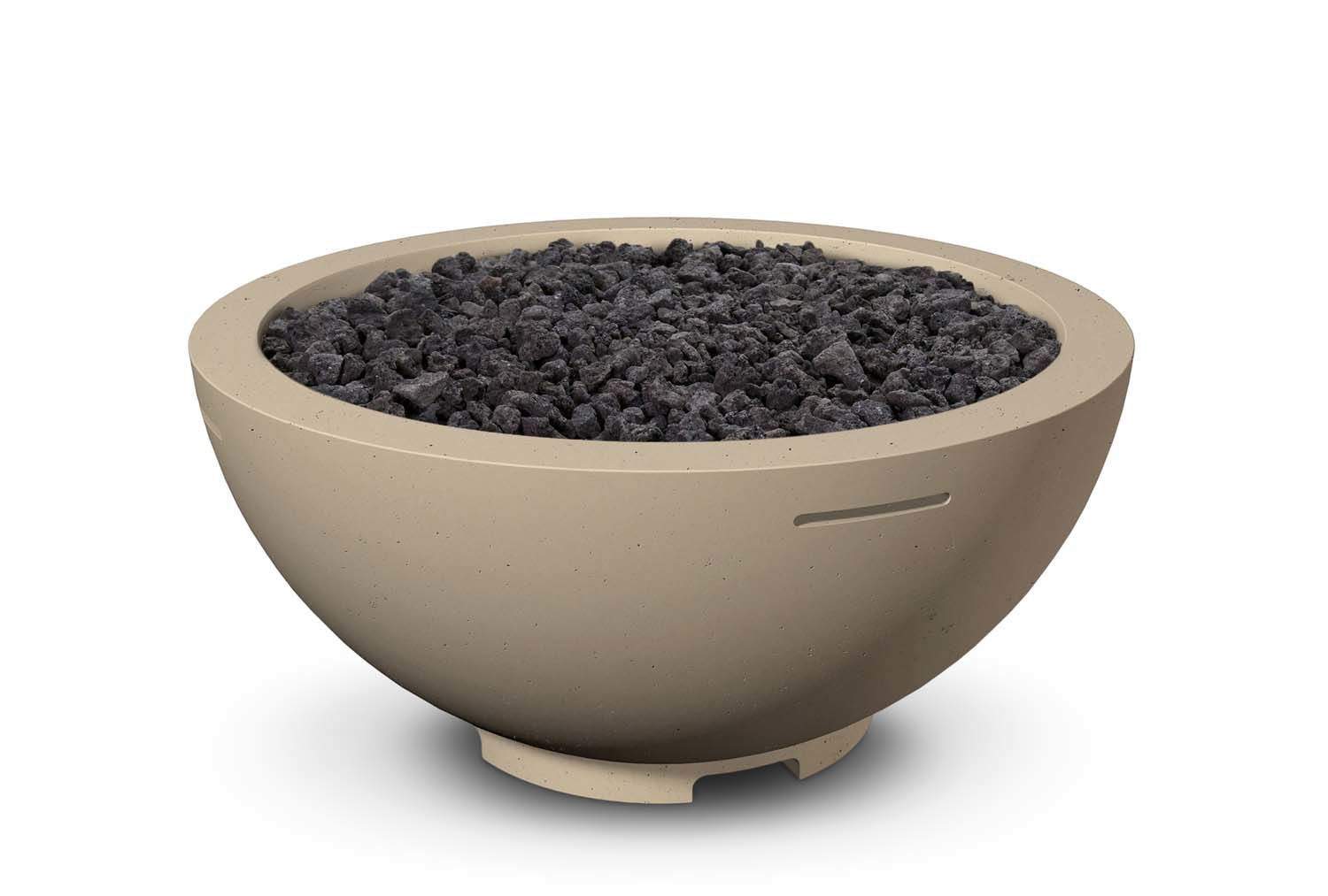 Round GFRC gas fire bowl with dark lava rock insert