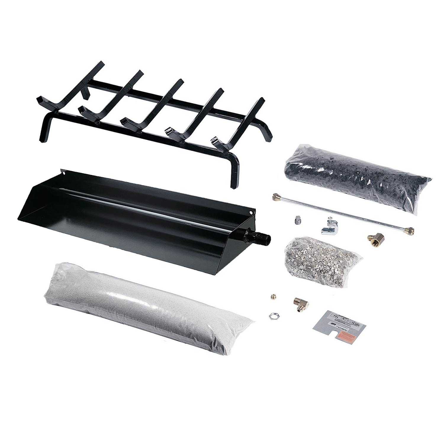 Ember burner and grate kit with black burner box, grate frame, and included hardware