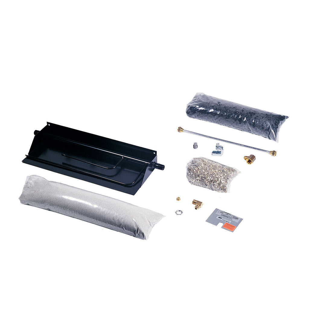 Vented fireplace burner kit with black burner tray, gray burner media, and hardware parts