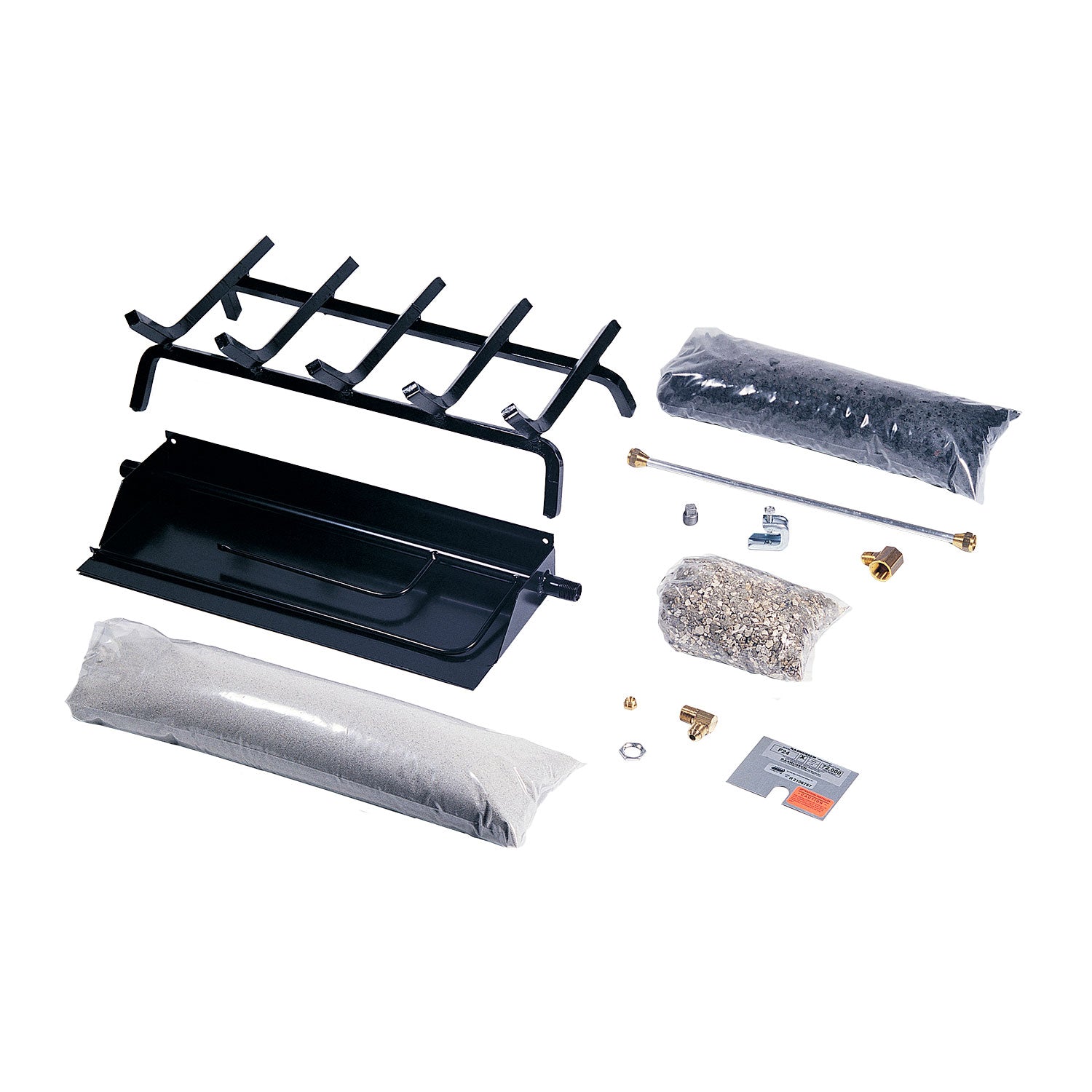 Gas burner and grate kit components with metal grate, flame plate, and mounting hardware