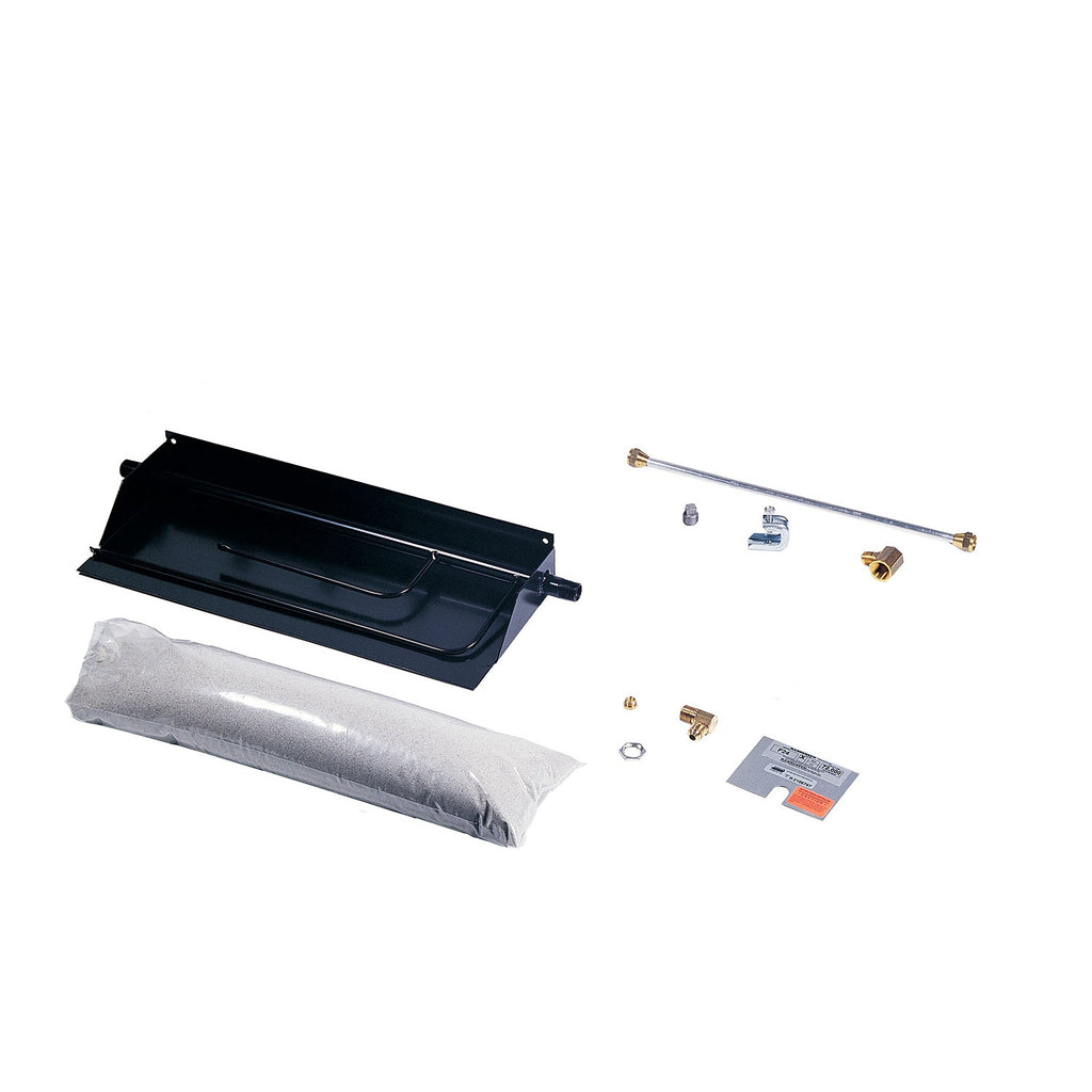 Vented fireplace burner kit with black burner tray, gray burner media, and mounting hardware