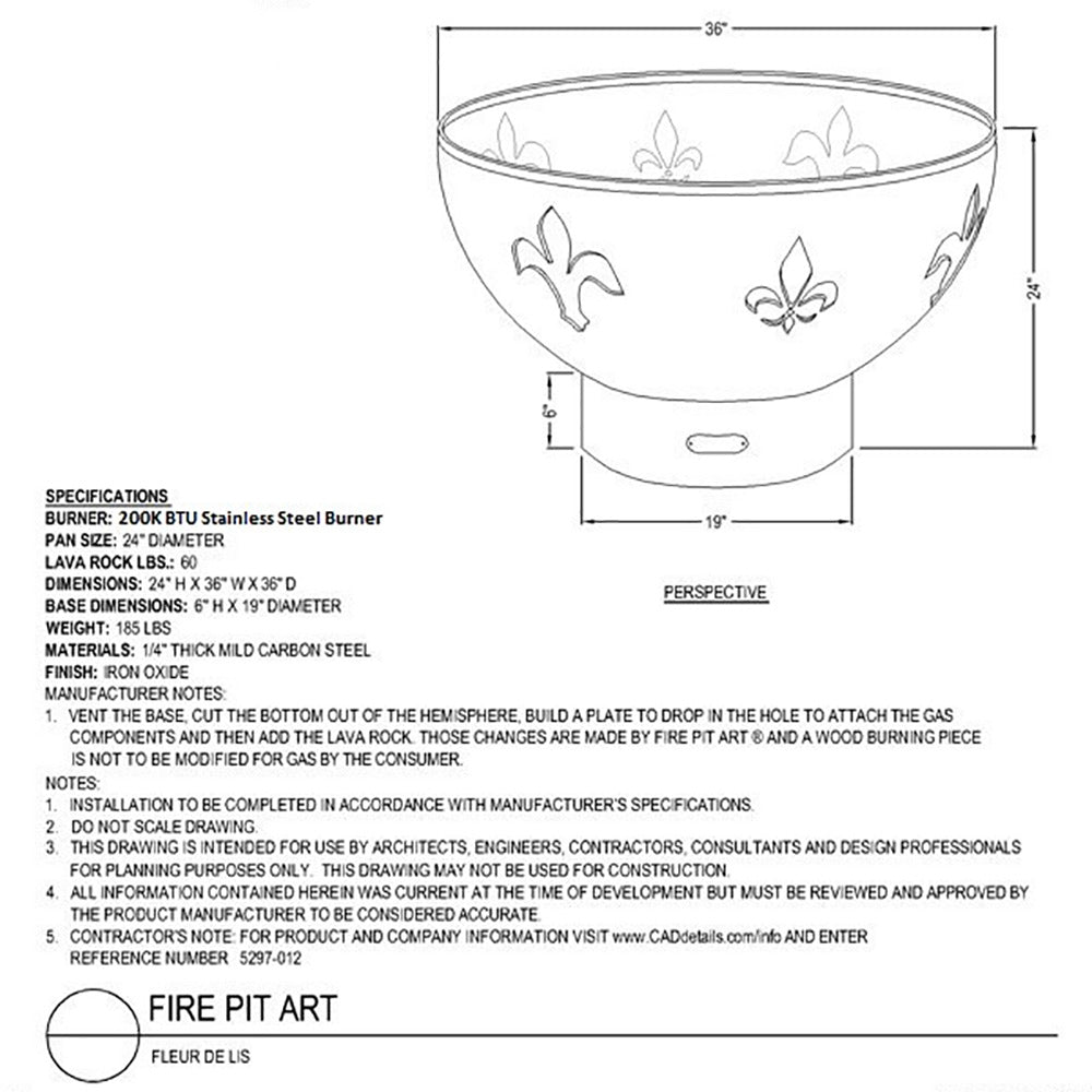Fire pit art technical diagram for Fleur de Lis burner front and side view