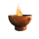 Rust-colored gas fire pit bowl with fleur de lis cutouts and visible flames