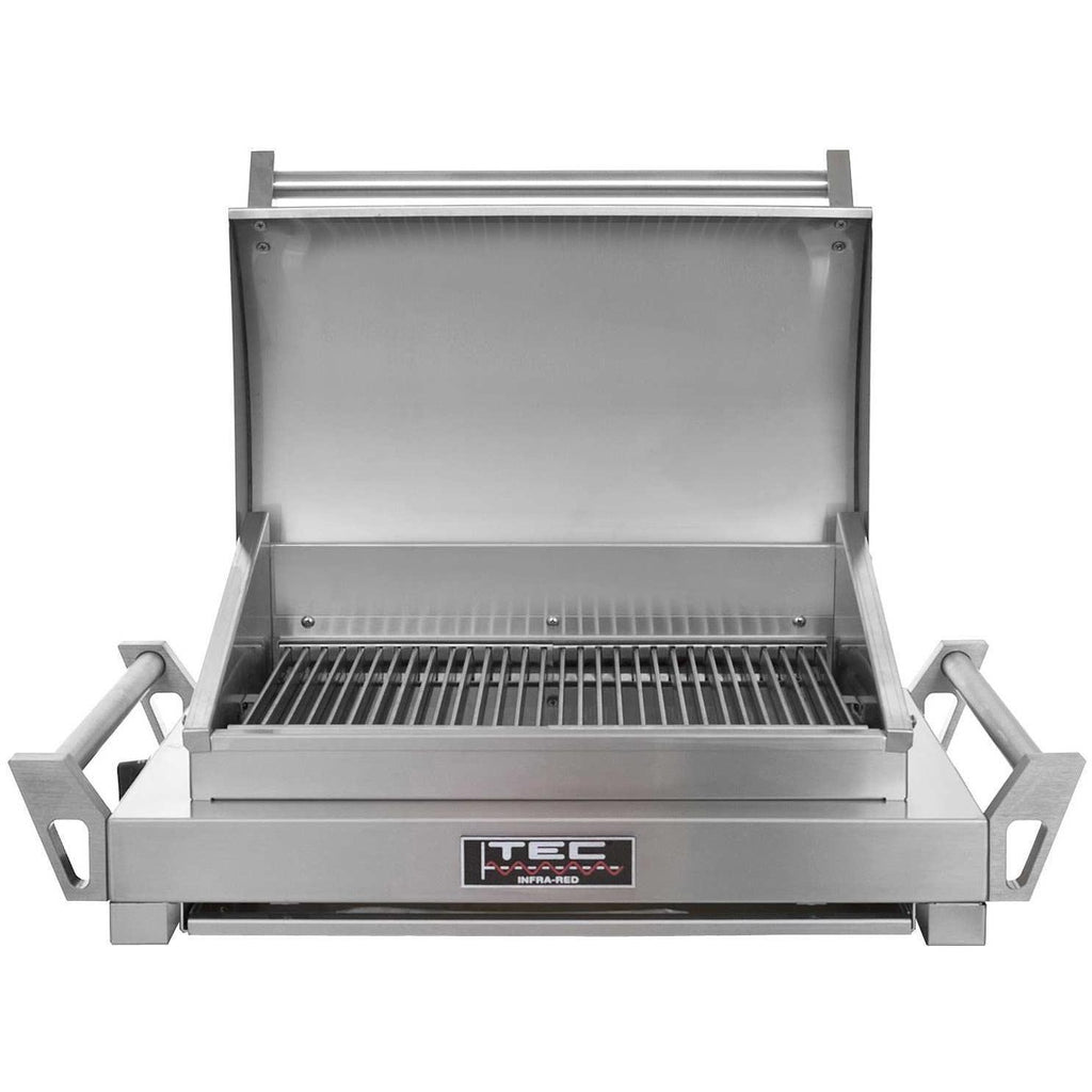 Tabletop infrared grill with lid open, stainless steel firebox and grill grates