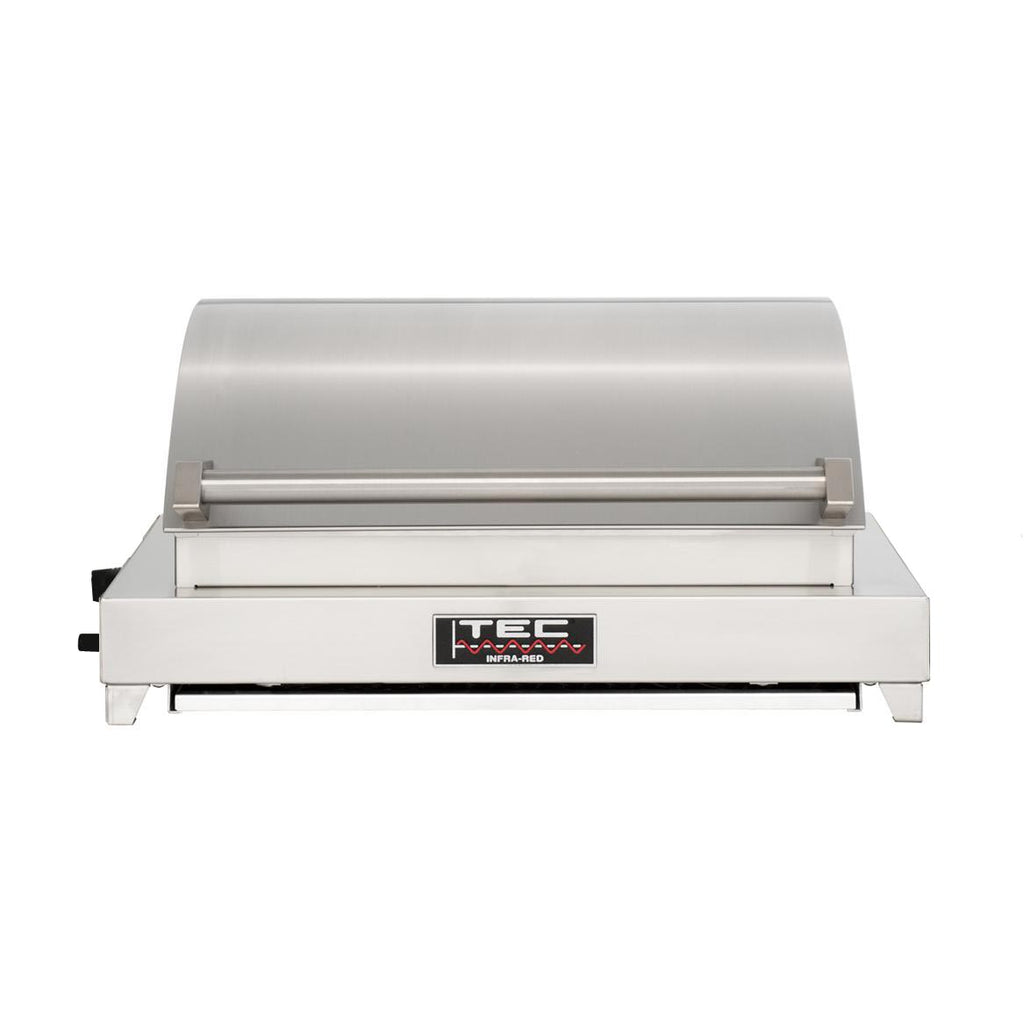 Portable tabletop gas grill with closed lid and front control panel