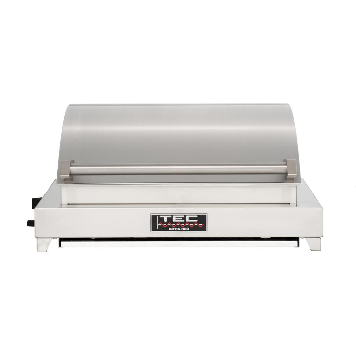 Portable tabletop gas grill with closed lid and front control panel