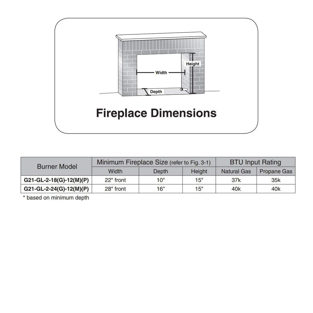 Fireplace dimensions chart diagram with width, height, depth labels and model table