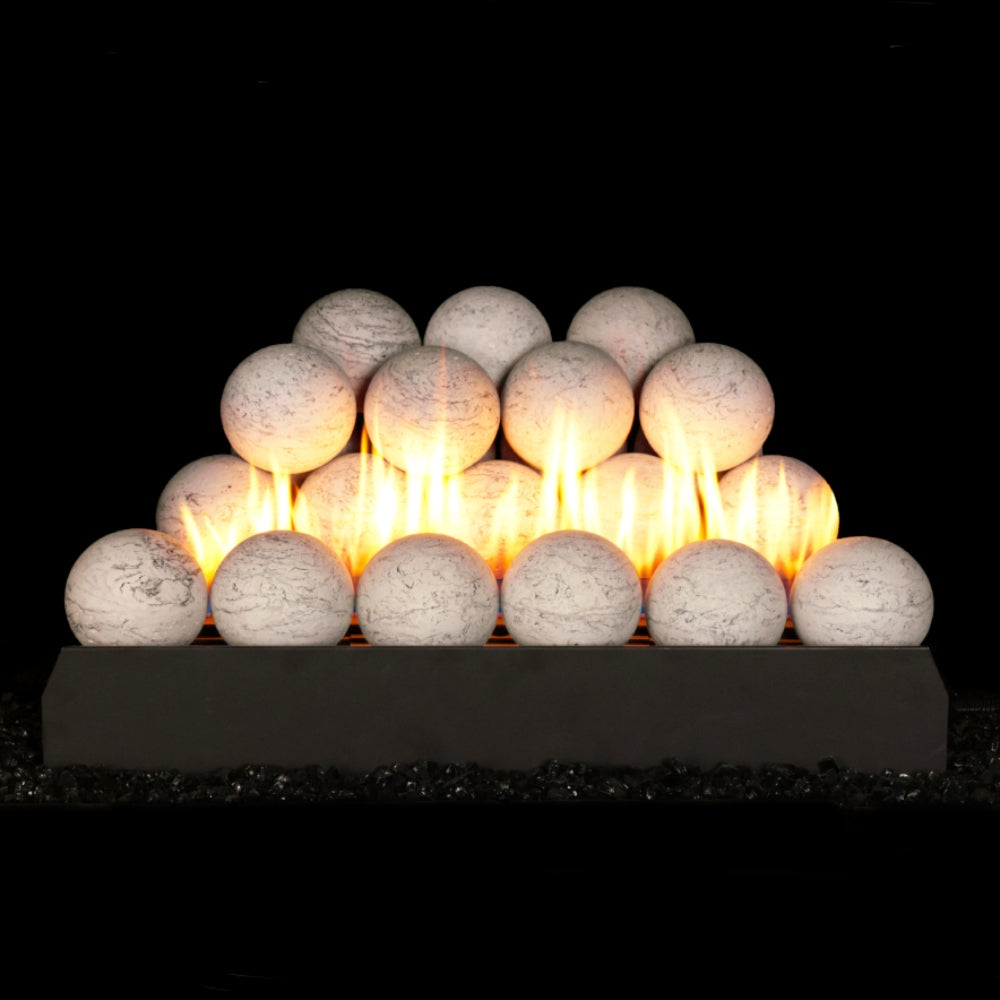Ventless burner with light gray fire spheres glowing with orange flames in a black tray