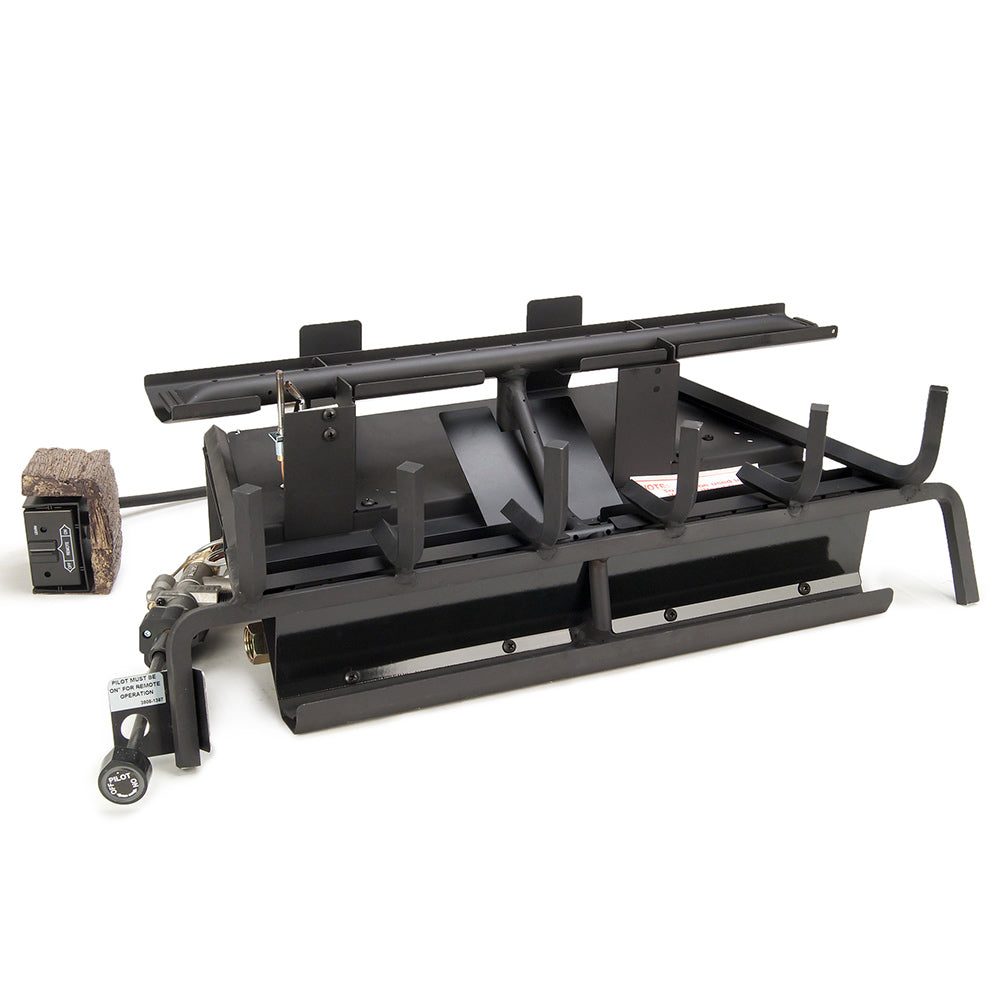 Vented burner and log set assembly with black metal frame and ignition control components.