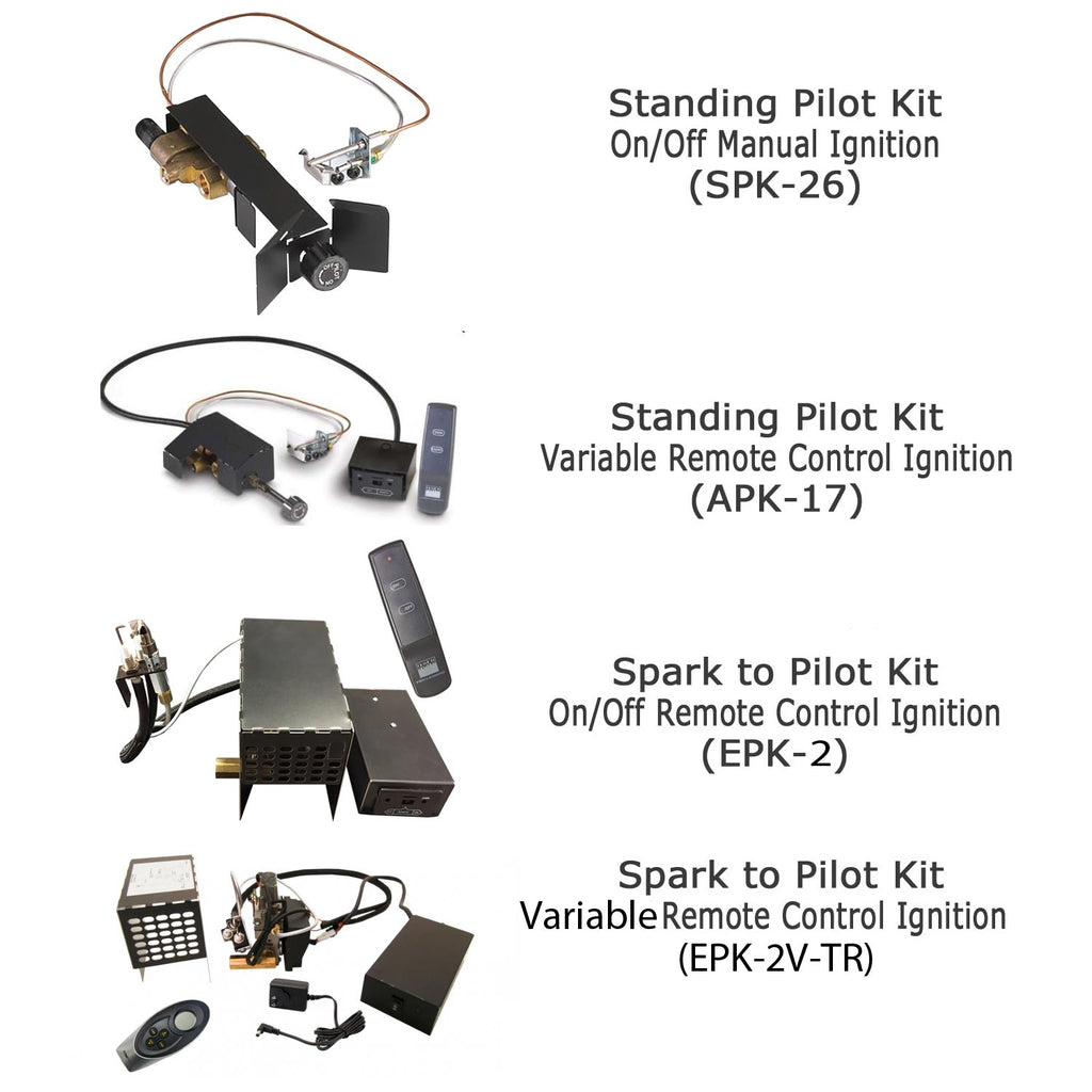 Gas log ignition kit components, including standing pilot and remote spark modules