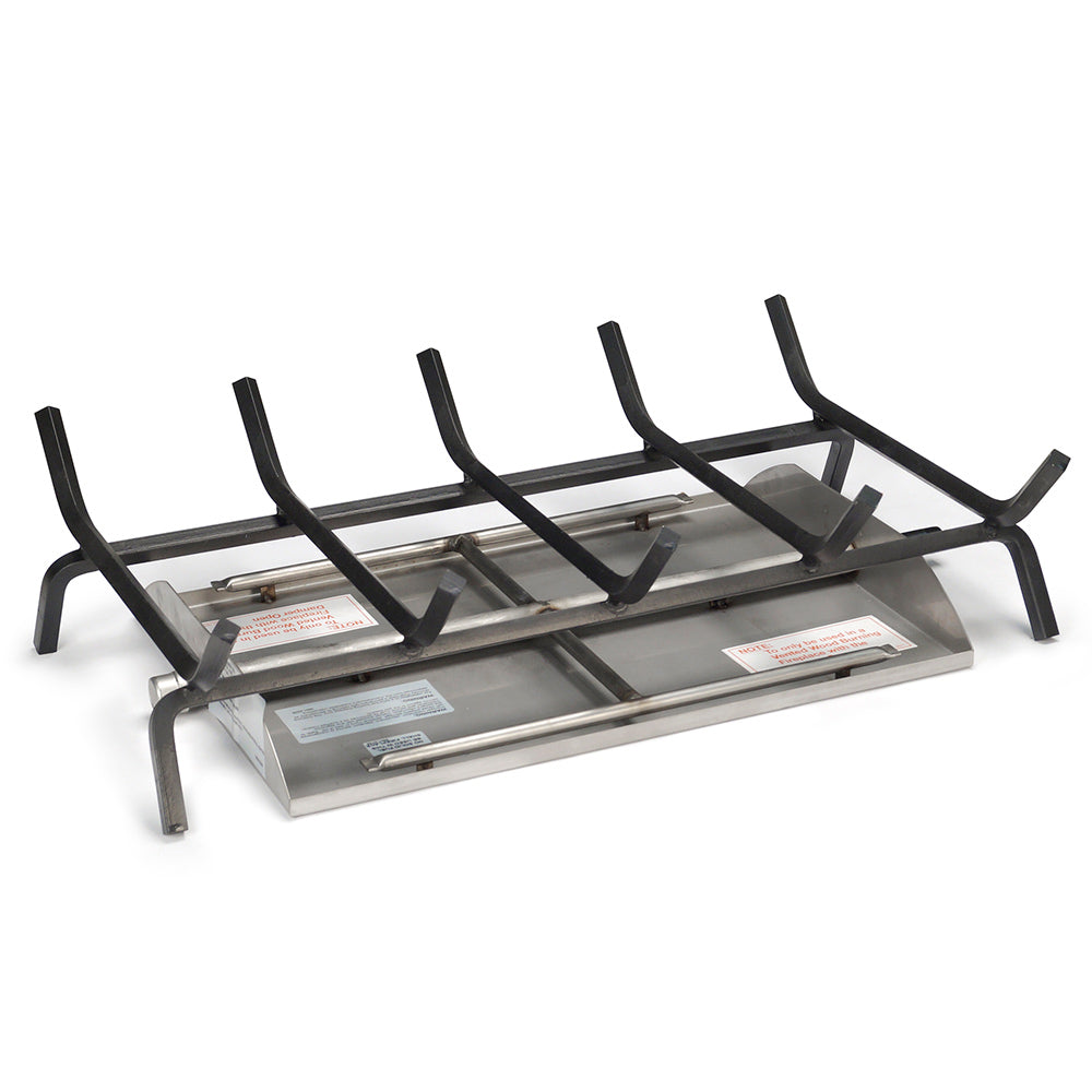 Stainless steel vented fireplace burner with black grate rails, see-through