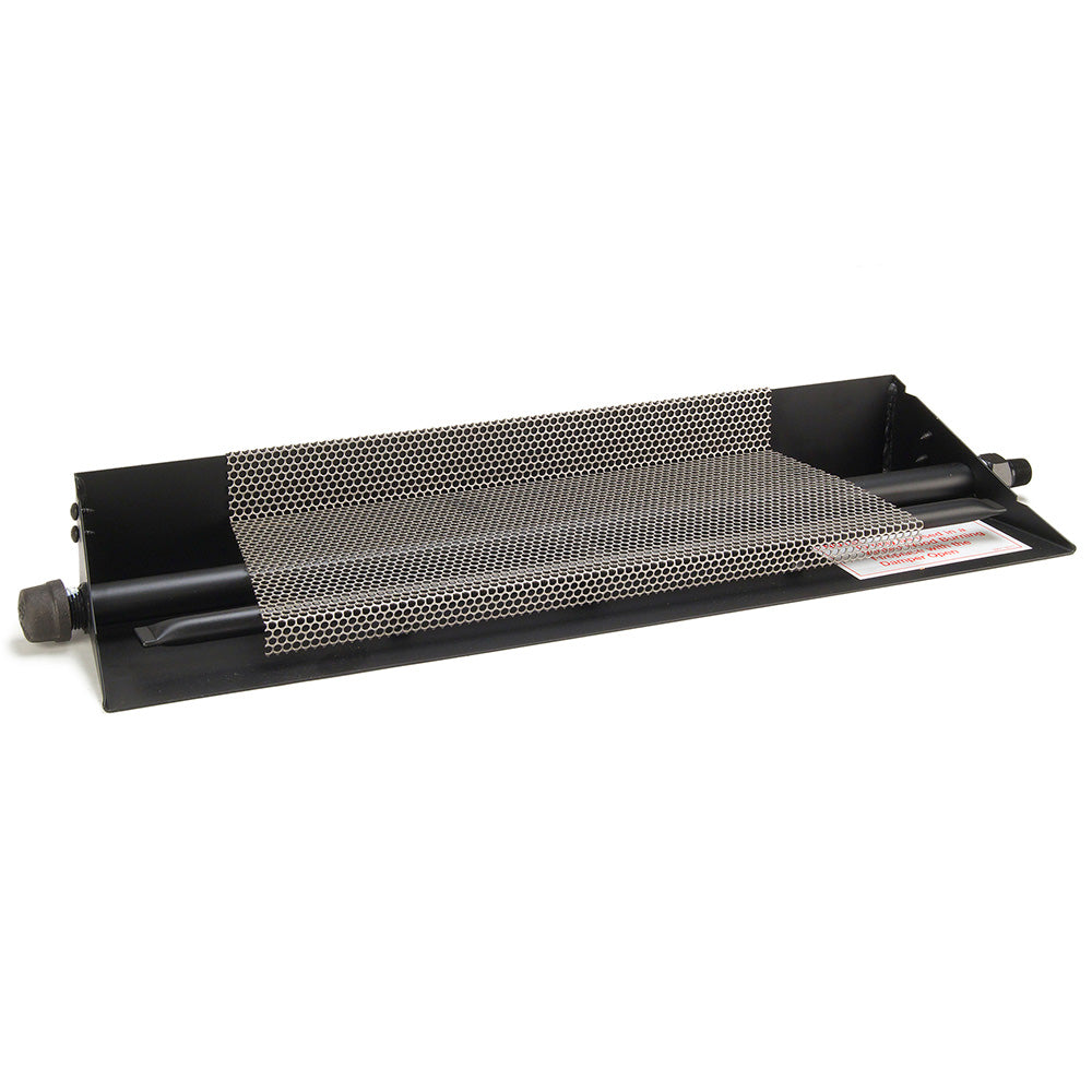 Vented gas fireplace burner with black base and metal mesh diffuser, angled view