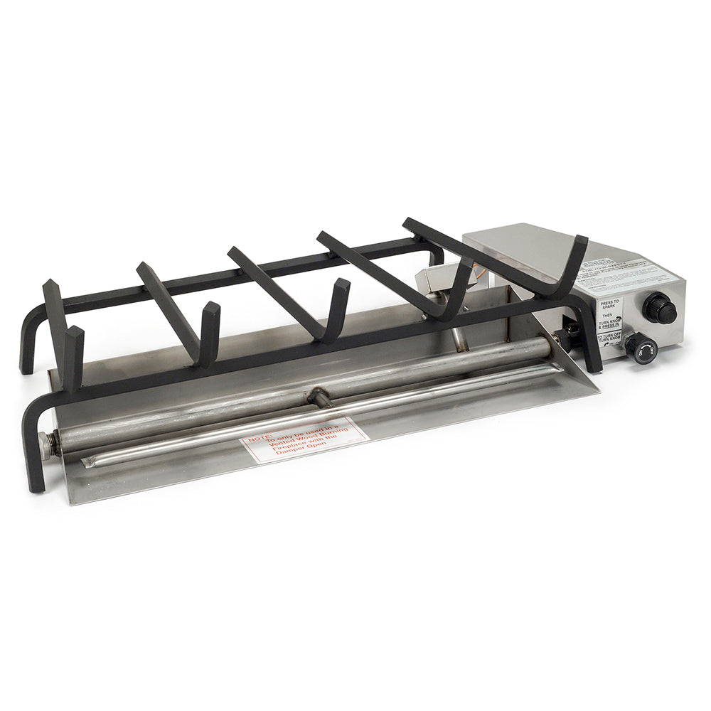 Stainless steel vented gas fireplace burner with black support legs and control valve
