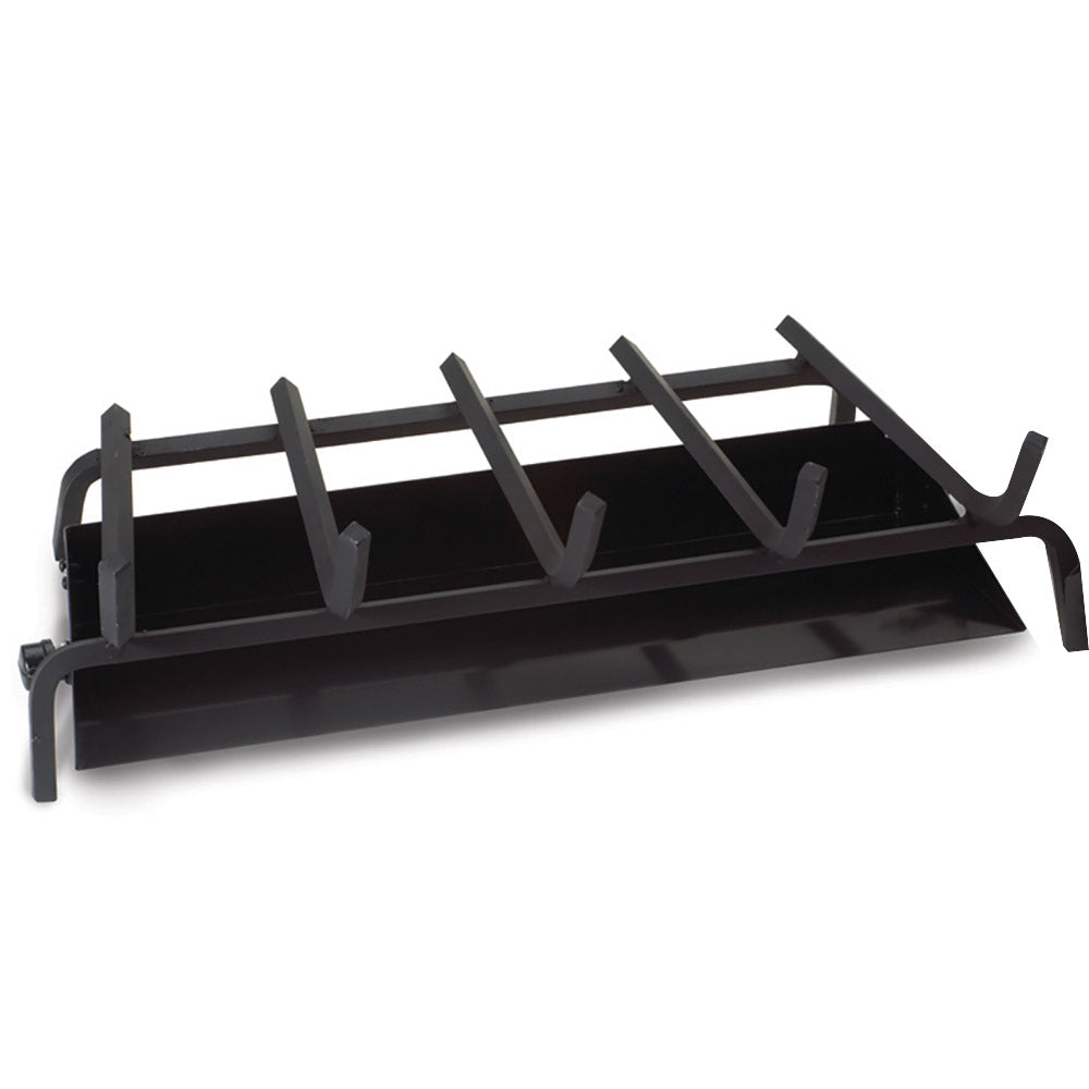 Vented fireplace burner with black steel grate and angled burner tubes