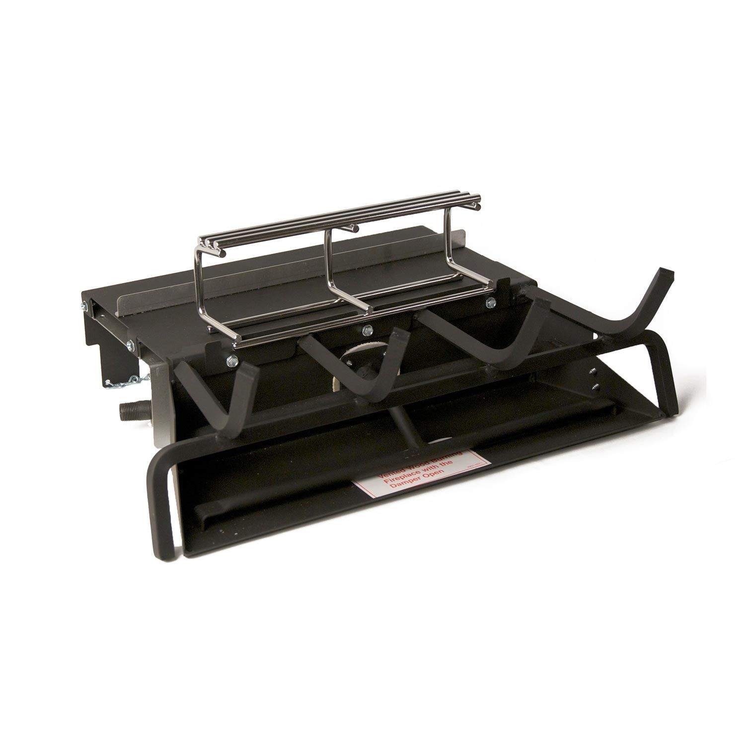 Black vented gas burner tray with metal support bars and control components