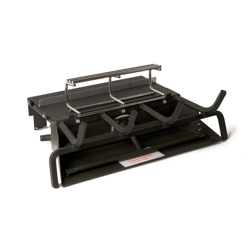 Black vented gas log burner base with metal support frame and control manifold