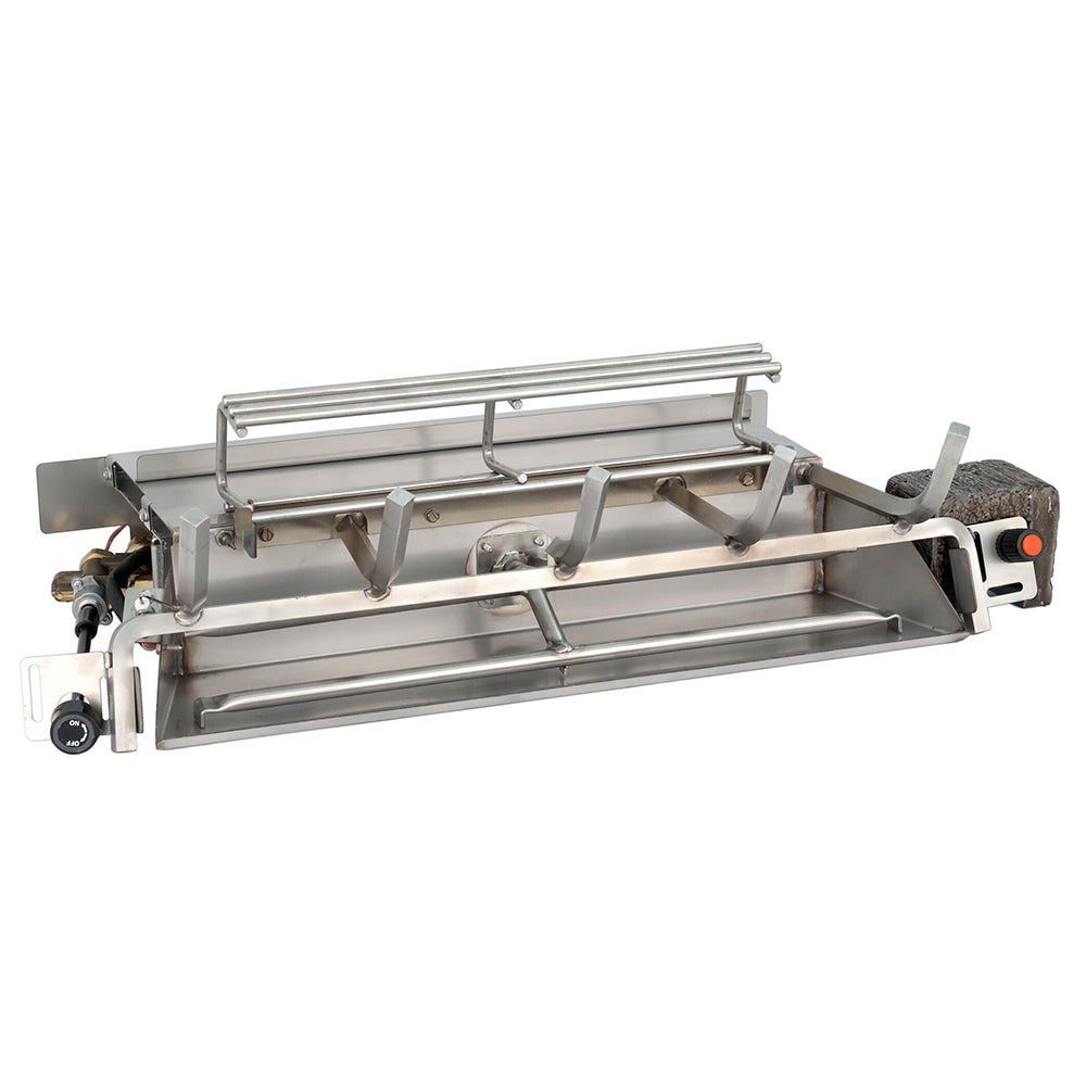 Vented gas outdoor fireplace burner with stainless steel frame and pilot valve housing
