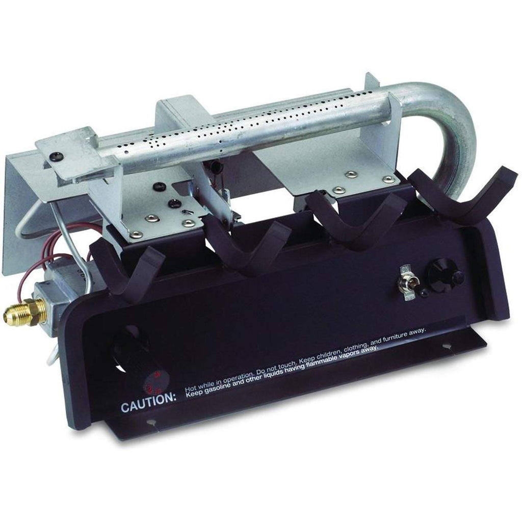 Ventless gas log burner base with metal tube, wires, and ignition components