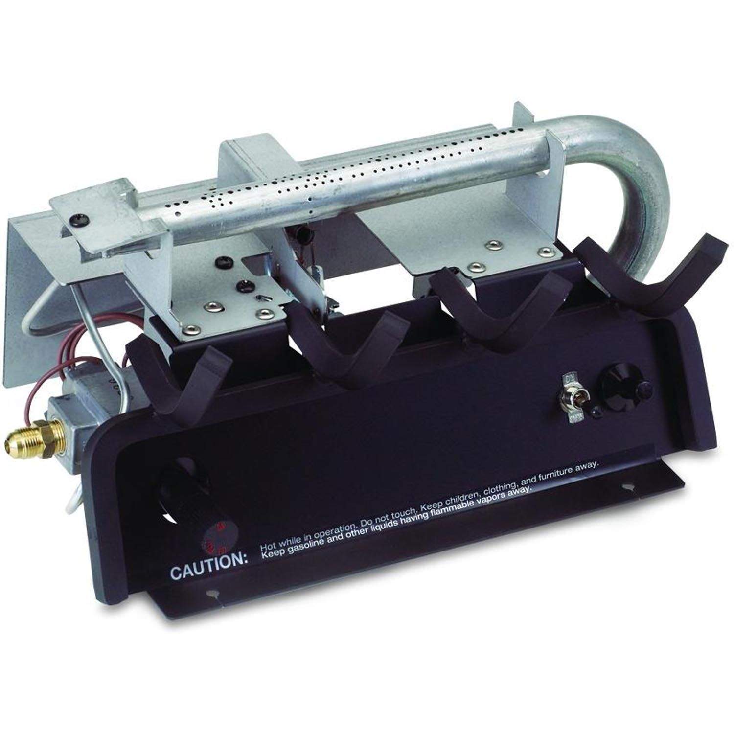 Ventless gas log burner base with metal tube, wires, and ignition components
