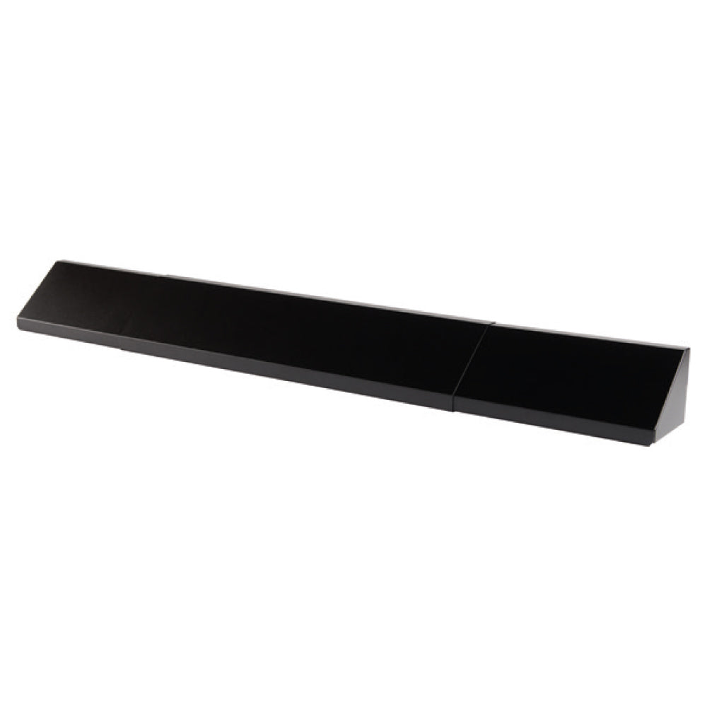 Black rectangular fireplace hood with central seam and angled ends
