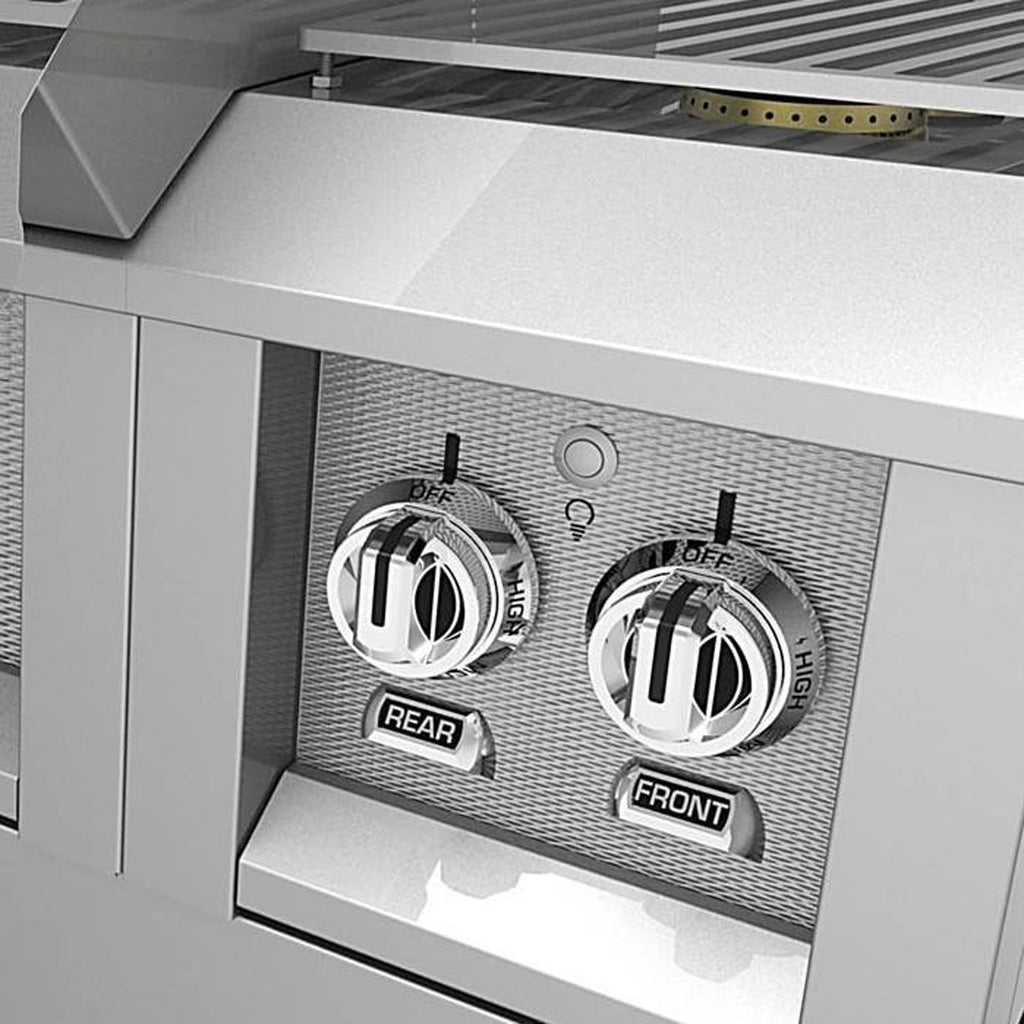 Stainless grill control knobs labeled REAR and FRONT with heat indicators