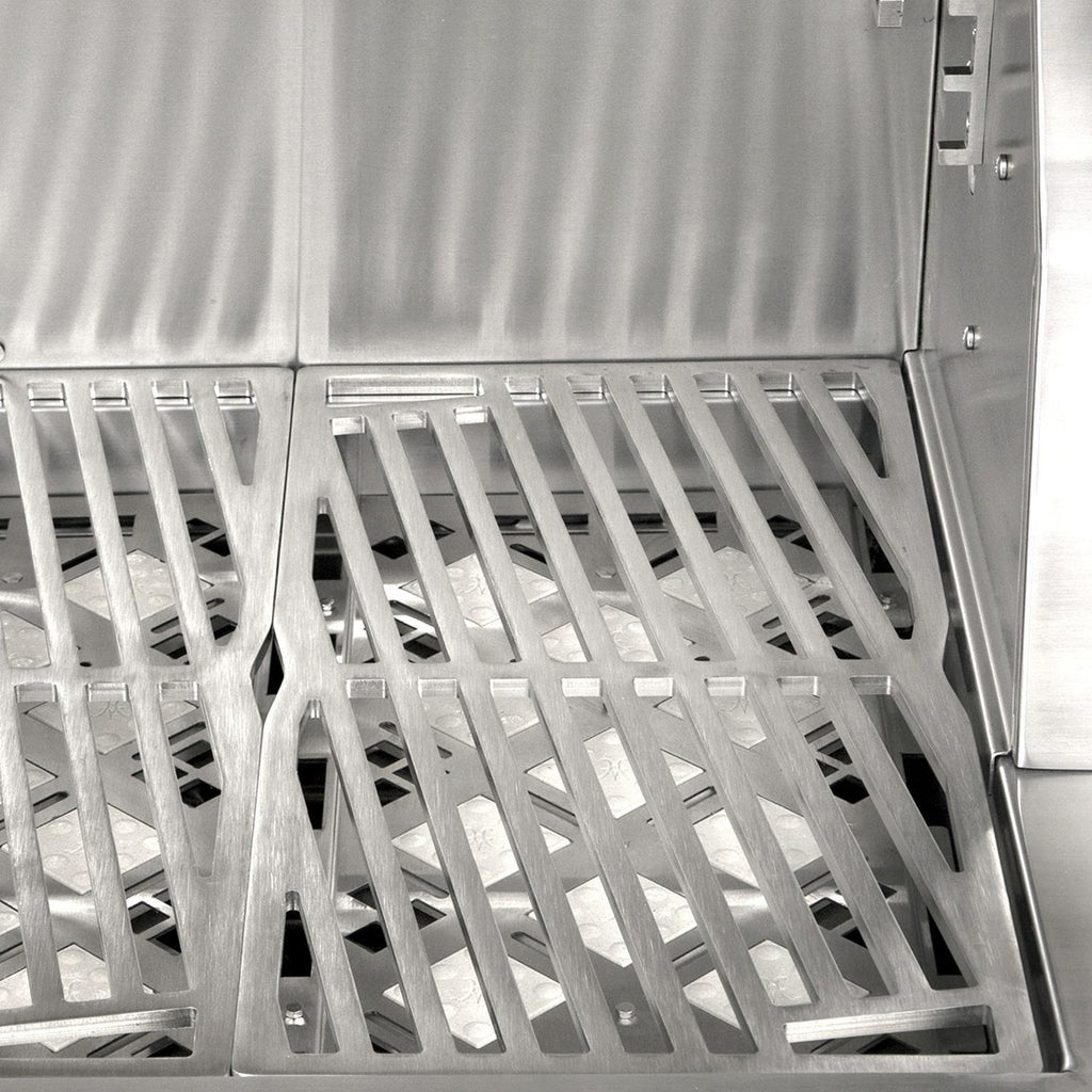 Stainless grill firebox interior with angled metal grates and burner housing