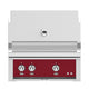 Built-in gas grill with gray body and red control panel, three burner knobs, gauge.