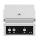Built-in gas grill with gray body and black control panel, three burner knobs, gauge.