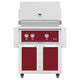Freestanding gas grill with dark red control panel and matching cabinet doors