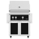Freestanding gas grill with black control panel and black cabinet doors